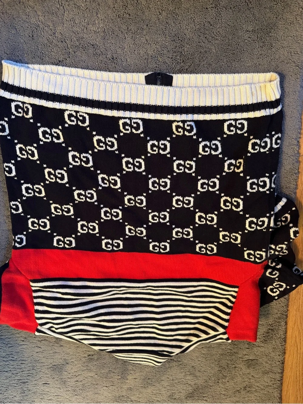 Gucci Striped Zip Knit Cardigan in Deep Navy, White & Red